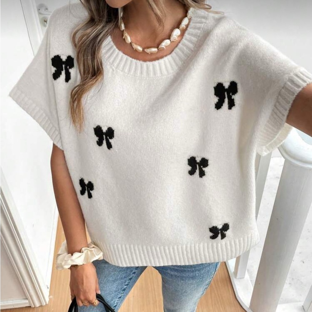 SHEIN White Sweater with Black Bow